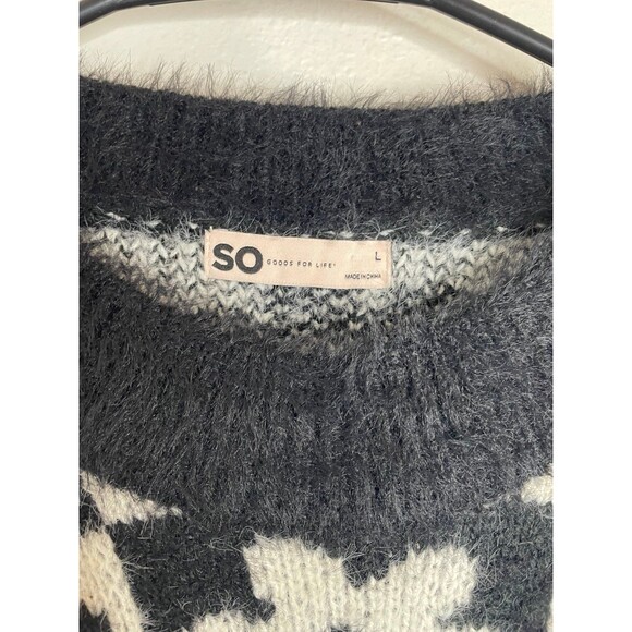 SO Fuzzy Daisy Checkered Sweater Black White Eyelash Knit Floral Grid Pullover - Picture 5 of 5